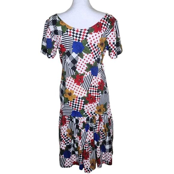 Vintage 90s Does 70s Drop Waist Dress Womens Size M White Multi Patchwork Floral - Picture 3 of 3